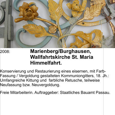 2008:	Marienberg/Burghausen, Wallfahrtskirche St. Maria Himmelfahrt. Konservierung und Restaurierung eines eisernen, mit Farb-Fassung / Vergoldung gestalteten Kommuniongitters, 18. Jh.: Umfangreiche Kittung und  farbliche Retusche, teilweise Neufassung bzw. Neuvergoldung.   Freie Mitarbeiterin. Auftraggeber: Staatliches Bauamt Passau.